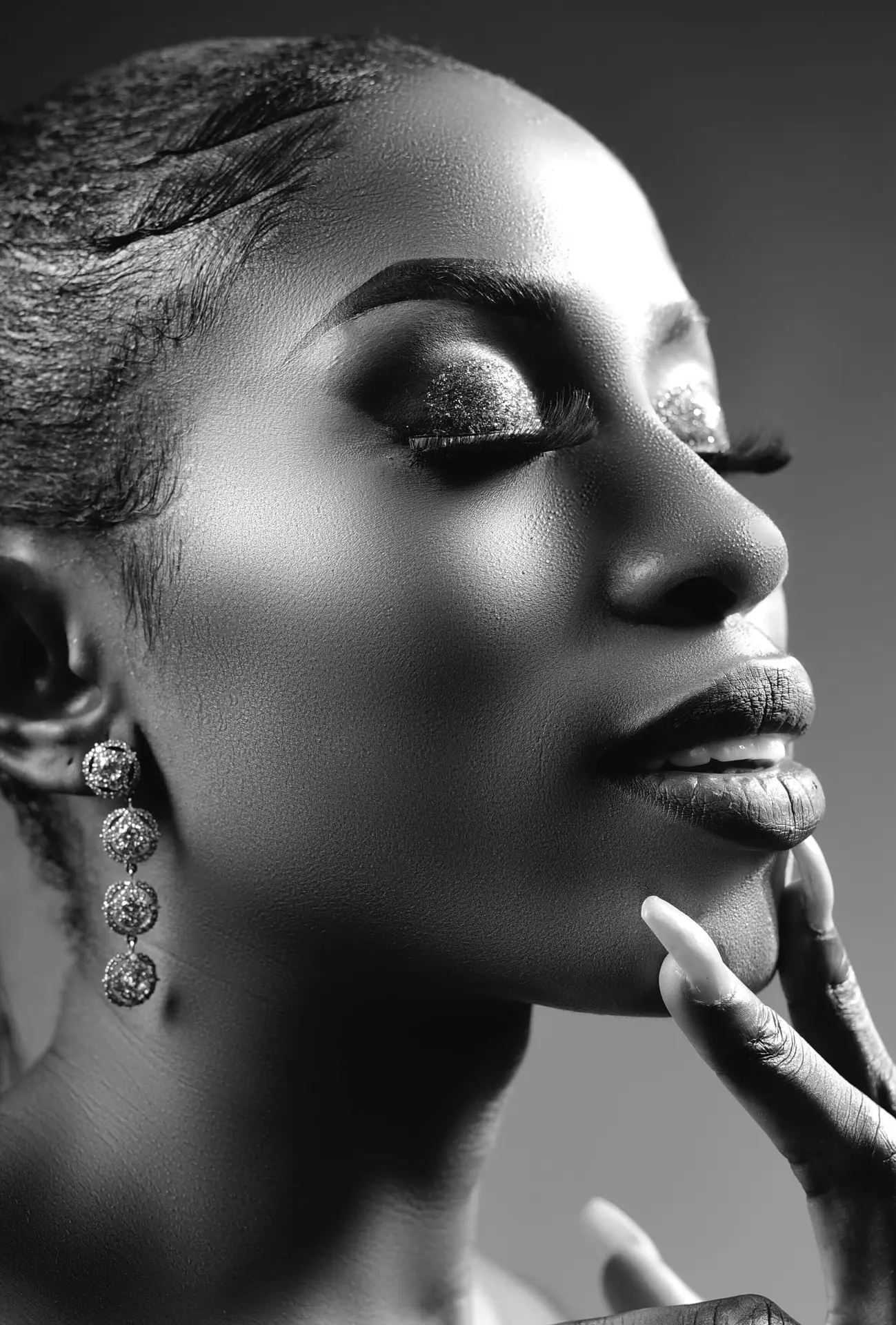 Striking black and white portrait showcasing luxury nail design and makeup from Armani Nail Boutique in Vancouver.