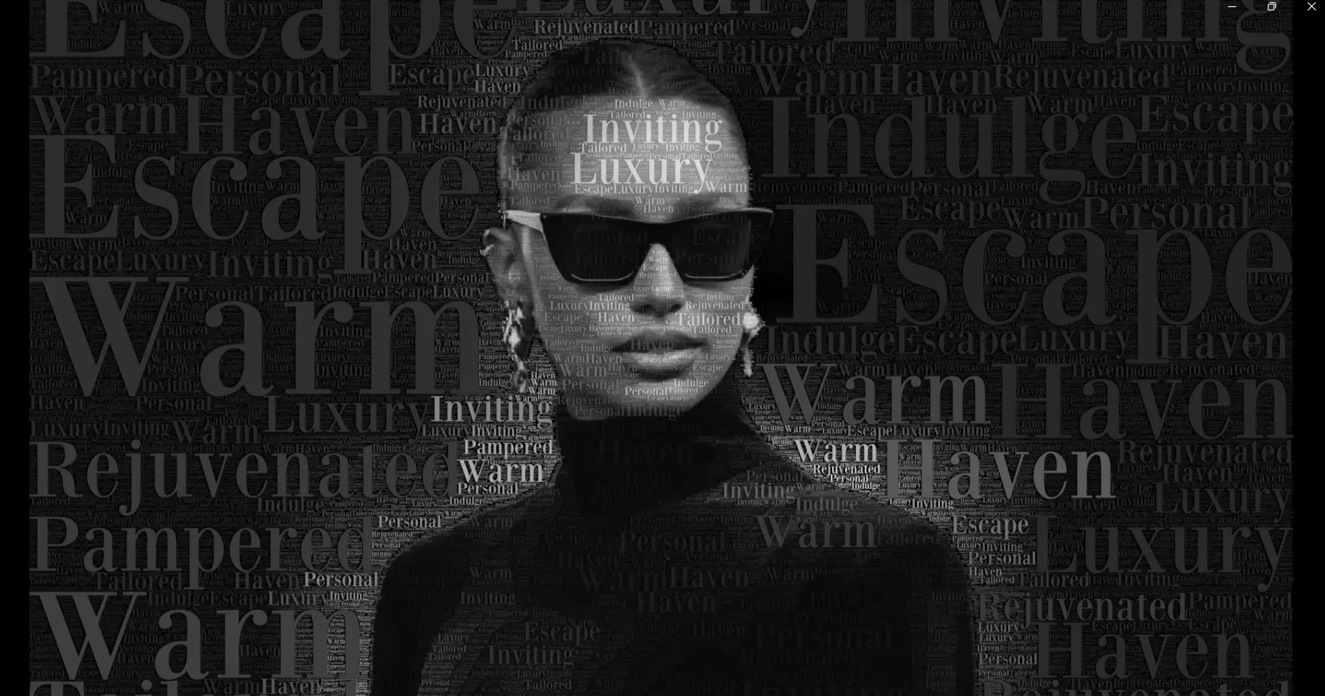 Stylized portrait of a model surrounded by words emphasizing luxury and pampering, as seen on Armani Nail Boutique's Vancouver contact page.