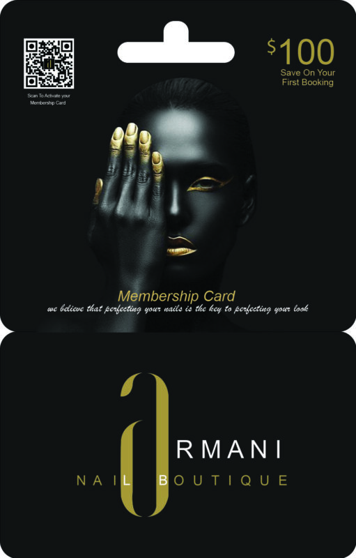 Image of Armani Nail Boutique membership card featuring a model with artistic gold detailing, along with a QR code and information about a $100 savings on first booking.
