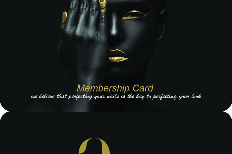 Image of Armani Nail Boutique membership card featuring a model with artistic gold detailing, along with a QR code and information about a $100 savings on first booking.
