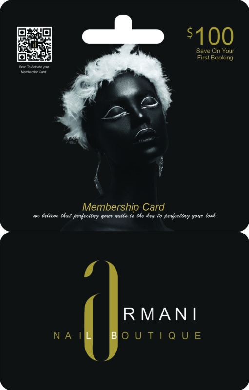 Image of Armani Nail Boutique membership card, showcasing a model with artistic styling and feathers, along with a QR code and information about $100 savings on first booking.