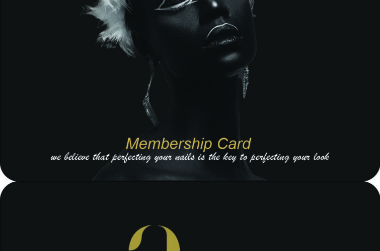 Image of Armani Nail Boutique membership card, showcasing a model with artistic styling and feathers, along with a QR code and information about $100 savings on first booking.