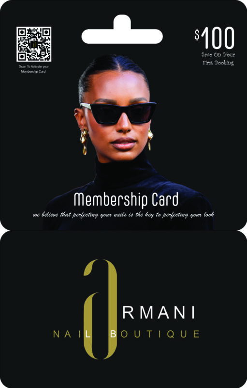 mage of Armani Nail Boutique membership card, featuring a stylish model with sunglasses, along with a QR code and information about $100 savings on first booking.